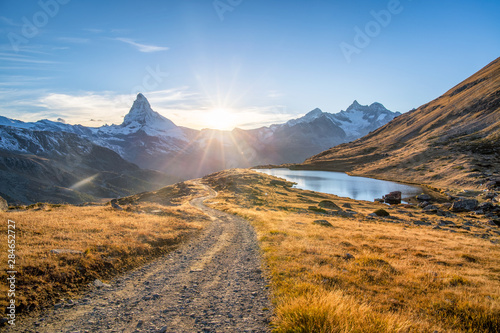 Stellisee and Matterhorn mountain in the Swiss Alps, Switzerland