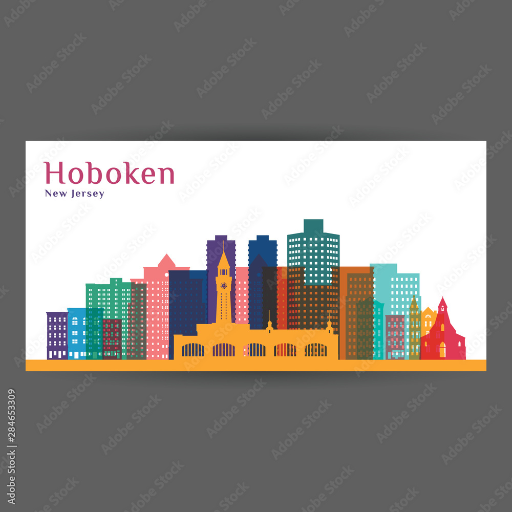 Hoboken city, New Jersey architecture silhouette. Colorful skyline. City flat design. Vector business card.