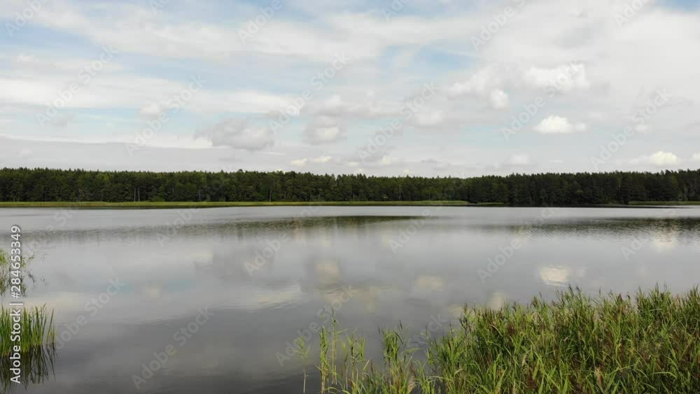 Flying over Lake Kierwik shore overgrown with green reeds. Masuria lakeland in Poland. Summer landscape in Europe Flying over Lake Kierwik shore overgrown with green reeds. Masuria lakeland in Poland. Summer landscape in Europe