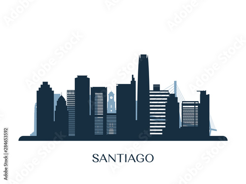 Santiago skyline, monochrome silhouette. Vector illustration.
