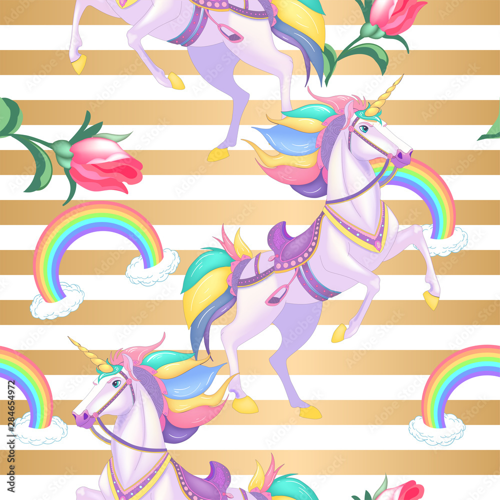 Obraz premium Cute white unicorns with rainbow hair on golden stripes seamless vector pattern background illustration