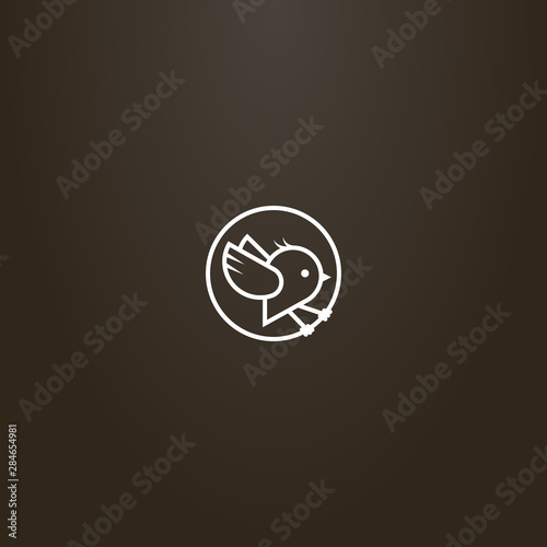 white sign on a black background. simple vector line art sign of a cartoon little bird in a round frame