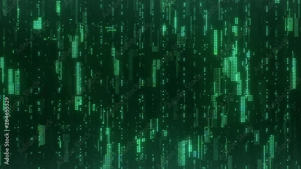 The abstract high-tech digital background represents big data analysis. Flying upwards along the bright green flickering pixels combined into matrices randomly spaced over a dark background. The abstract high-tech digital background represents big data analysis. Flying upwards along the bright green flickering pixels combined into matrices randomly spaced over a dark background.