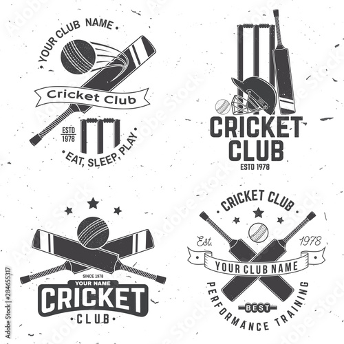 Set of cricket club badges. Vector. Concept for shirt, stamp or tee. Vintage typography design with cricket ball, wicket, bail and helmet silhouette. Templates for sports club.