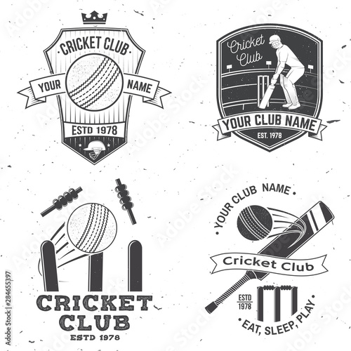 Set of cricket club badges. Vector. Concept for print, stamp or tee. Vintage typography design with cricket batsman, ball, wicket, bail and helmet silhouette. Templates for sports club.