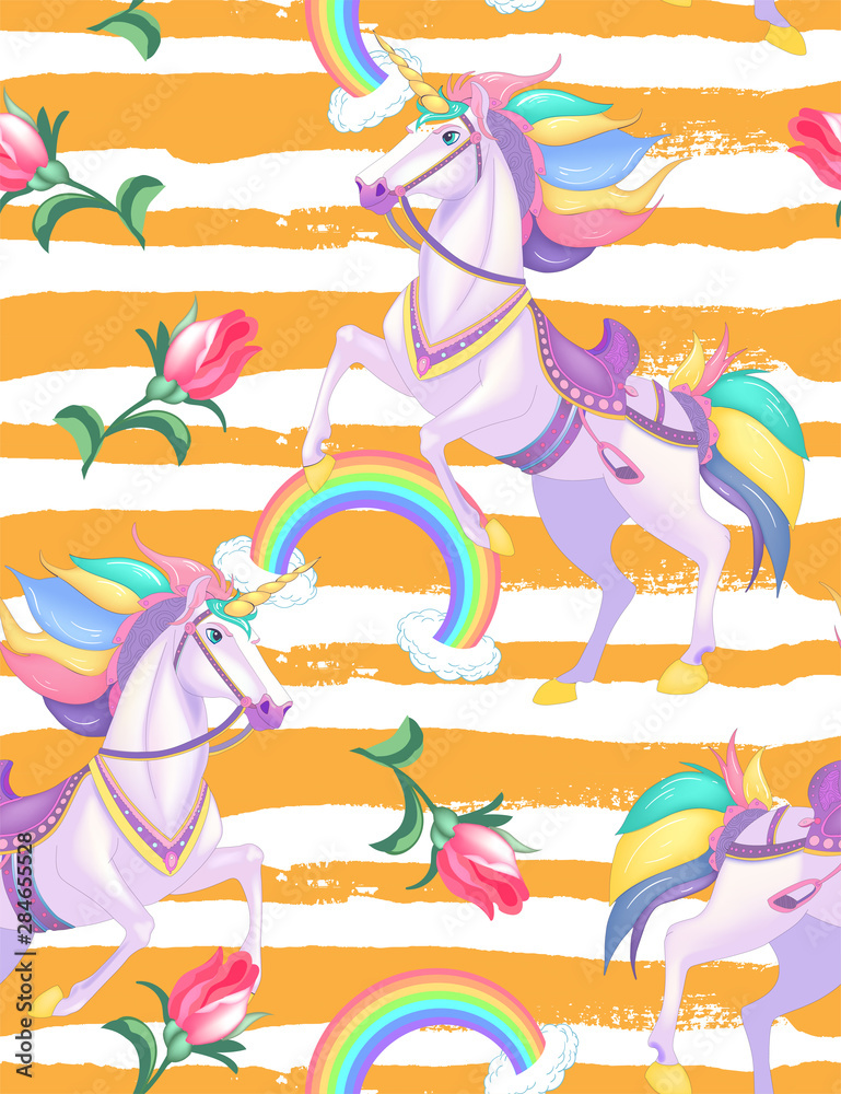 Cute white unicorns with rainbow hair on golden stripes seamless vector pattern background illustration