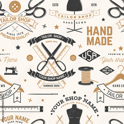 Tailor shop seamless pattern or background. Vector. Concept for sewing shop business. Design with sewing accessories silhouette.