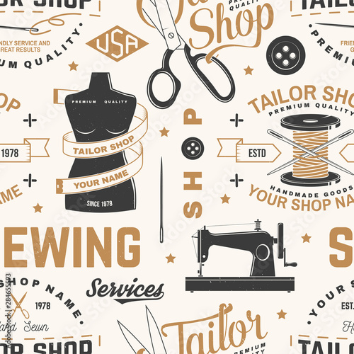 Tailor shop seamless pattern or background. Vector. Concept for sewing shop business. Design with sewing accessories silhouette.