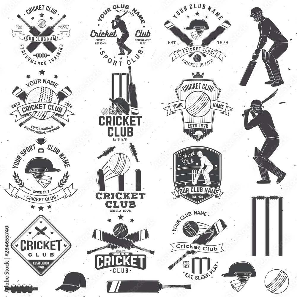 Fototapeta premium Set of cricket club badges with design element. Vector. Concept for shirt, print, stamp or tee. Templates for cricket sports club.