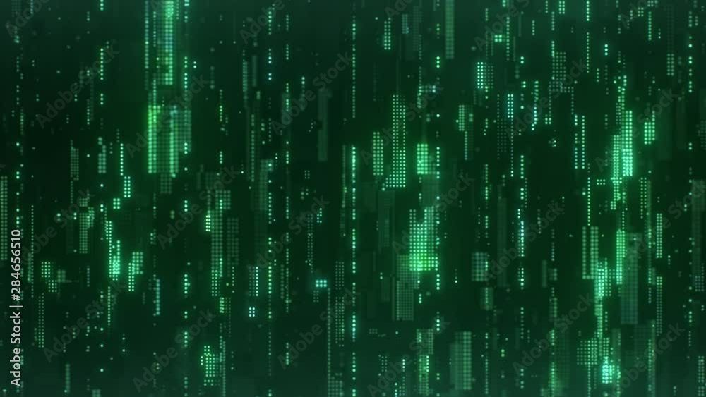 The abstract high-tech digital background represents information transfer. Flying sideways along the bright green flickering pixels combined into matrices randomly spaced over a dark background. The abstract high-tech digital background represents information transfer. Flying sideways along the bright green flickering pixels combined into matrices randomly spaced over a dark background.