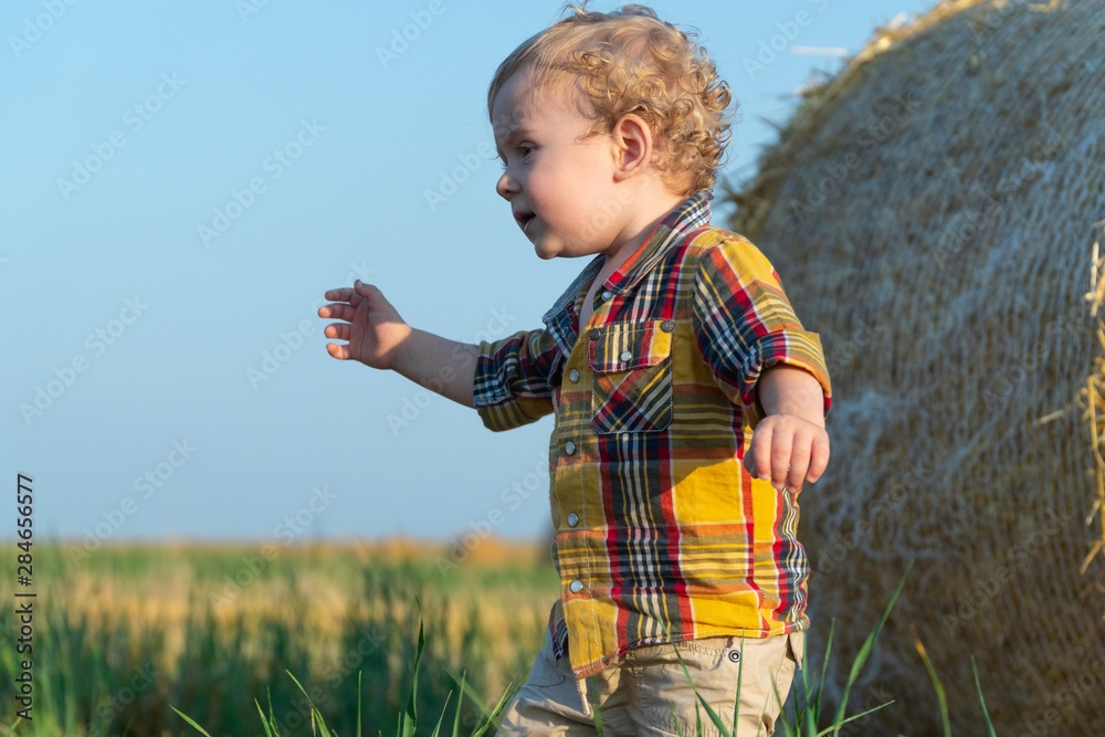 Little fair-haired boy playing on a wheat field with bales Little fair-haired boy playing on a wheat field with bales