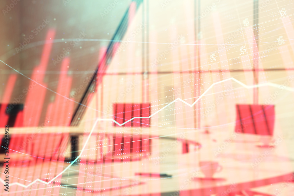 Double exposure of forex chart on conference room background. Concept of stock market analysis Double exposure of forex chart on conference room background. Concept of stock market analysis