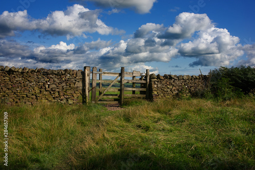 Wooden gate through stone wall