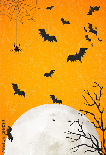 Halloween background with full moon, flying bats, trees silhouette and spider hanging on web, vector illustration. Halloween banner orange colors, concept. © winvic