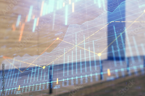 Double exposure of stock market graph on empty exterior background. Concept of analysis