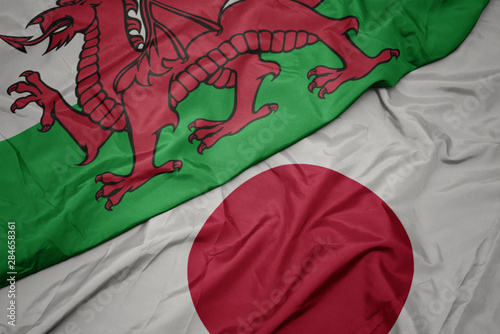 waving colorful flag of japan and national flag of wales.