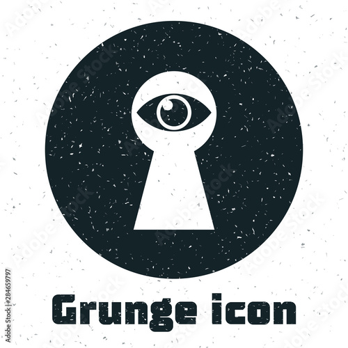 Grunge Keyhole with eye icon isolated on white background. The eye looks into the keyhole. Keyhole eye hole. Vector Illustration