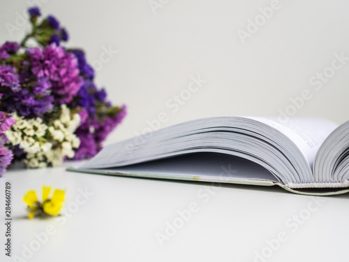 Dry a bouquet of purple flowers lying on the book © LesdaMore