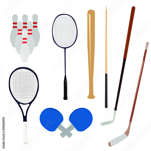 Vectorial graphic batting game sports equipments in the same frame for example, golf, tennis, ping pong, bowling, baseball, billiards, hockey games vector icons, vector symbols and icon set.