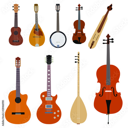 Vector musical instruments with violin  guitar  stringed instruments  bass  mandolin  ukulele  charango  oud  berimbau.