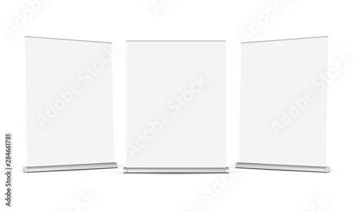 Set of wide roll up banners mockups isolated on white background. Vector illustration