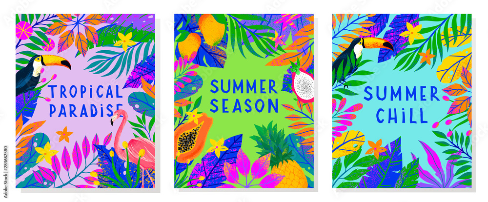 Fototapeta Set of summer vector illustration with bright tropical leaves,flamingo,toucan and exotic fruits.Multicolor plants.Exotic backgrounds perfect for prints,flyers,banners,invitations,social media.