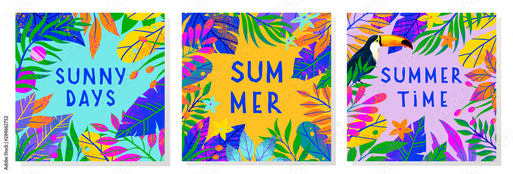 Fototapeta Set of summer vector illustrations with tropical leaves,toucan and flowers.Multicolor plants with hand drawn texture.Exotic backgrounds perfect for prints,flyers,banners,invitations,social media