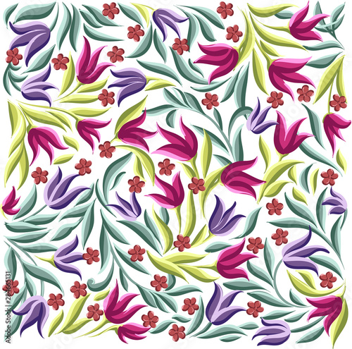 vector drawings of handdrawn floral pattern with leaves and cute wild flowers on a white background