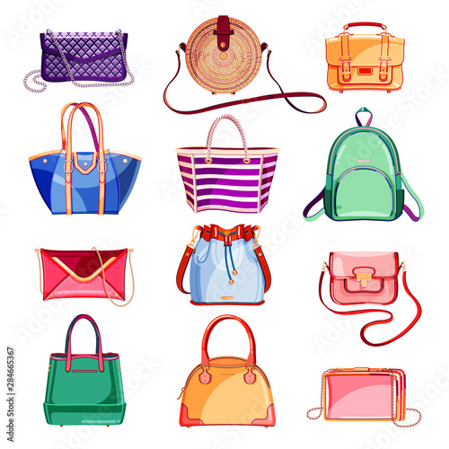 Female fashion elegant bags and purse icons and design elements set. Vector cartoon illustration.