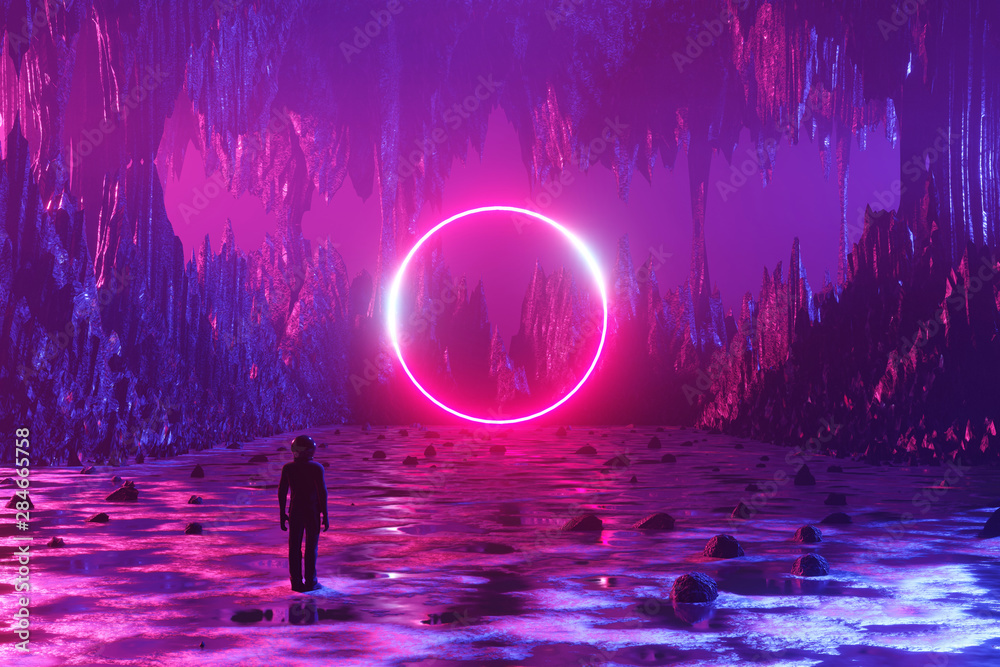 A man, an astronaut, stands on the surface of an alien planet and looks at  a circle of neon. Silhouette against the backdrop of a fantastic landscape.  3d rendering. Stock Illustration |