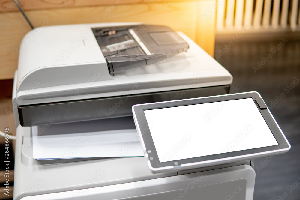 White blank screen on photocopier machine. electronic office supplies for copy, print and scan White blank screen on photocopier machine. electronic office supplies for copy, print and scan