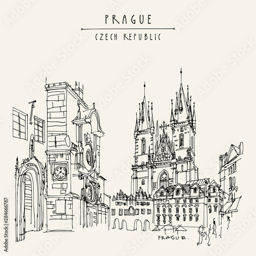 Prague, Czech Republic, Europe. Orloj (The Prague Astronomical Clock) and the Tyn Church. Travel sketch. Hand drawn vintage touristic postcard, poster, book or calendar illustration in vector