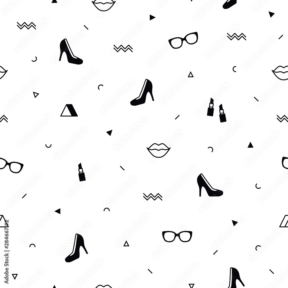 Memphis pattern with black high heel shoes, lips, sunglasses and geometric shapes. Fashion background in 90s 80s style. Triangle, zigzag and other graphic elements. Line art. Linear design.