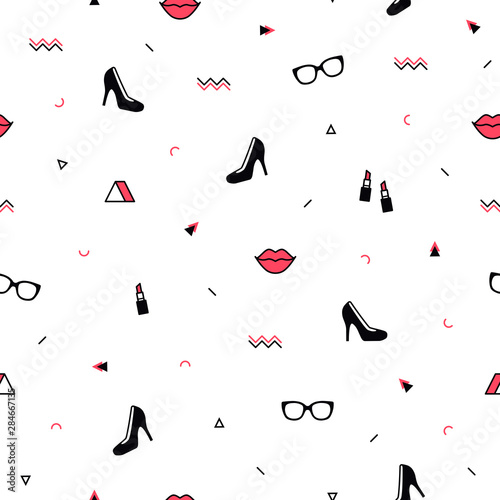Memphis pattern with black high heel shoes, lips, sunglasses and geometric shapes. Fashion background in 90s 80s style. Triangle, zigzag and other graphic elements. Line art. Linear design.