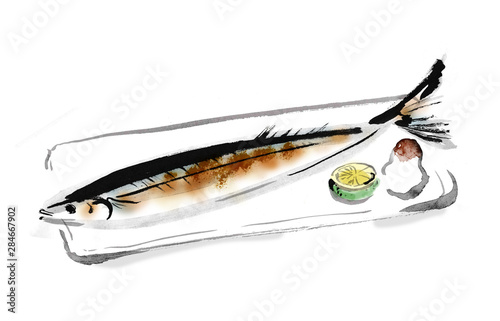 焼きさんま　秋刀魚　さんま　サンマ　魚　秋　秋食材　旬　さかな　青魚　イラスト　墨絵　和風　筆書き　
