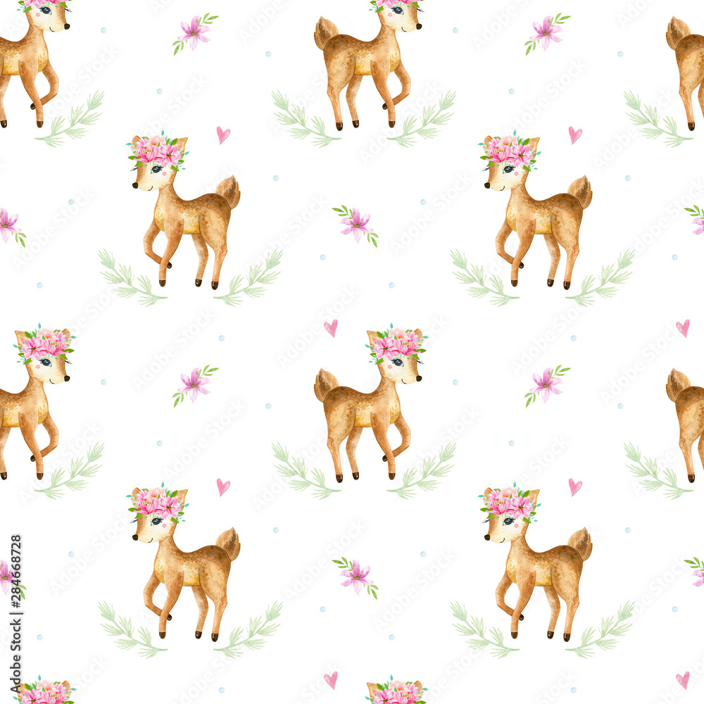 Cute watercolor baby deer animal seamless pattern, nursery isolated illustration for children clothing, patterns. Watercolor Hand drawn image Perfect for phone cases design, nursery
