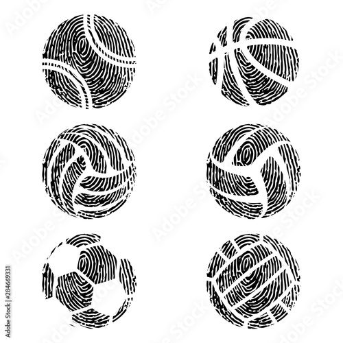 Black fingerprint with sportt balls symbol isolated on white background