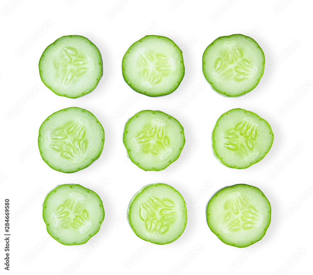.Fresh cucumber slices, isolated on white background. top view .Fresh cucumber slices, isolated on white background. top view