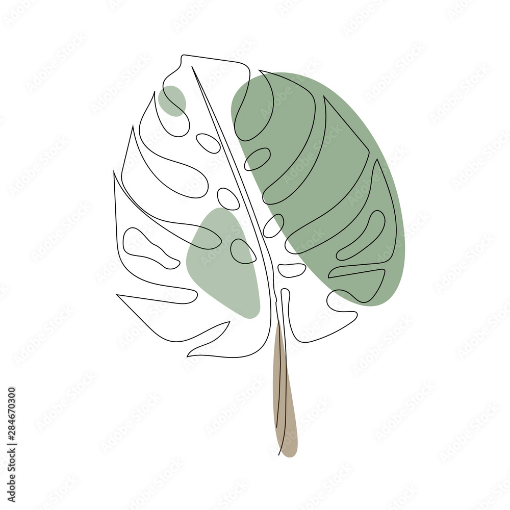 Exotic monstera continuous one line drawing summer tropical leaf hand drawn on white background minimalist design