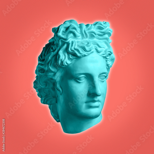 Modern conceptual art poster with ancient statue of bust of Apollo. Collage of contemporary art.