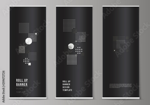 The vector illustration of the editable layout of roll up banner stands, vertical flyers, flags design business templates. Abstract vector background with fluid geometric shapes.