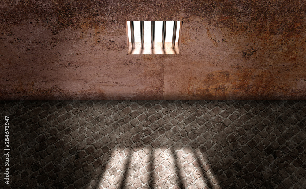 Prison cell, inside a prison cell. Window of a penitentiary. Shadows