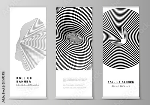 The vector illustration layout of roll up banner stands, vertical flyers, flags design business templates. Abstract 3D geometrical background with optical illusion black and white design pattern.