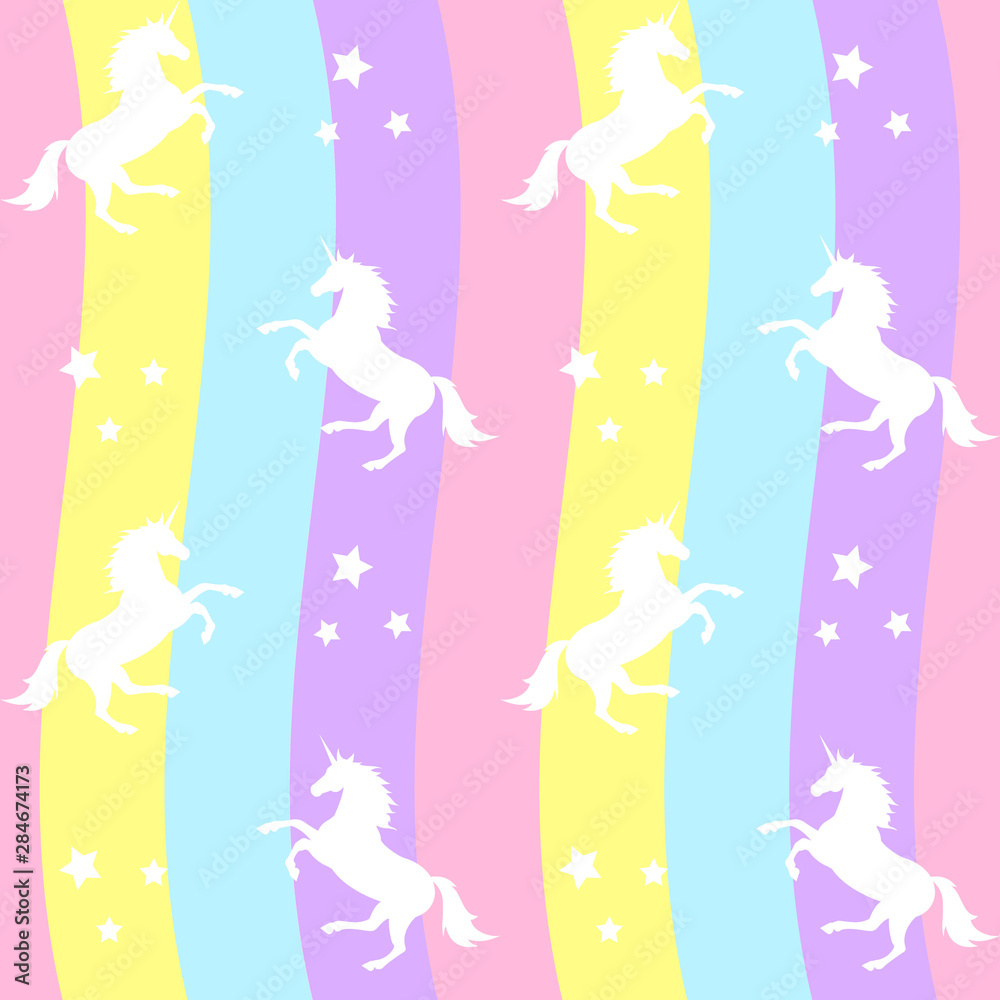 Vector seamless pattern of white unicorn silhouette and stars isolated on pastel rainbow background