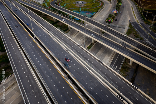 aerial view traffic car transportation freeway motorway and ring road at evening