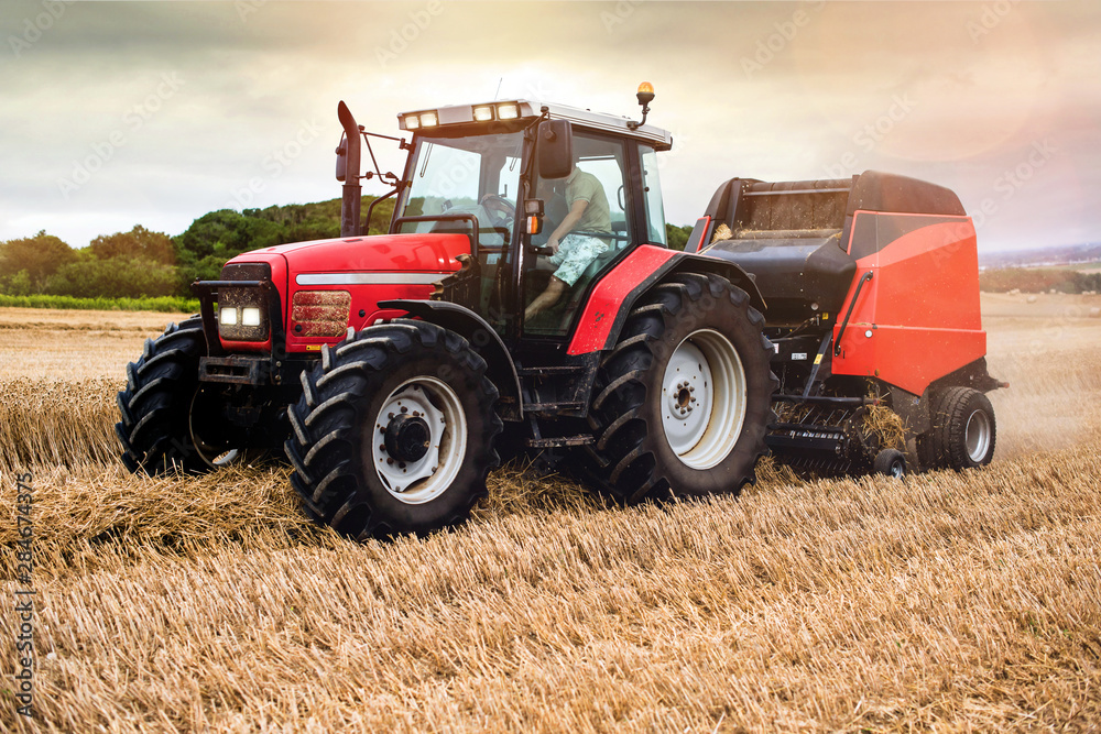 Obraz premium farmer in fields making straw bales