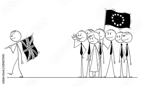 Cartoon stick drawing conceptual illustration of brexit, prime minister of Britain or United Kingdom or UK is leaving European Union or EU with flag and with no-deal. photo