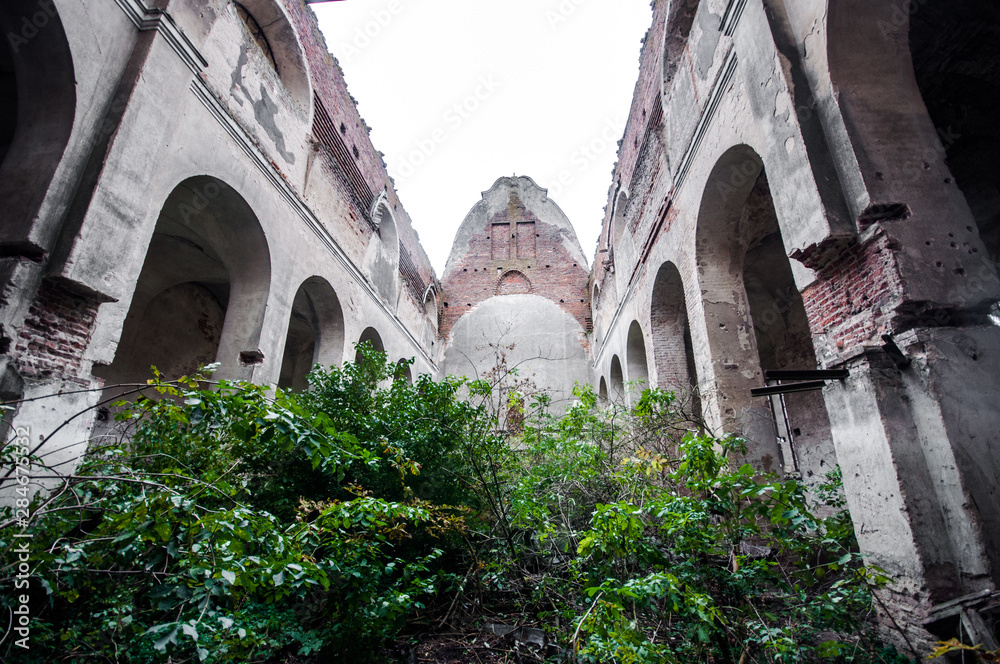 Old abandoned ruined roman catholic church in Velukiy Chodachkiv. Inside church