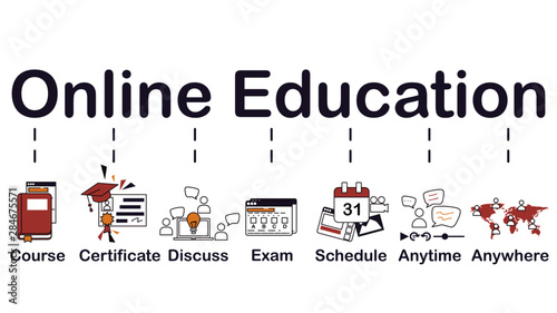 Online education icon, banner web. course certificate certification discuss exam schedule anytime and anywher. minimal vector icon