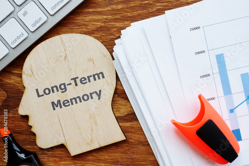 Writing note showing Long-Term Memory. The text is written on a head-shaped plaque. Papers with graphs, keyboard, notebook, a pen are on the photo too. photo